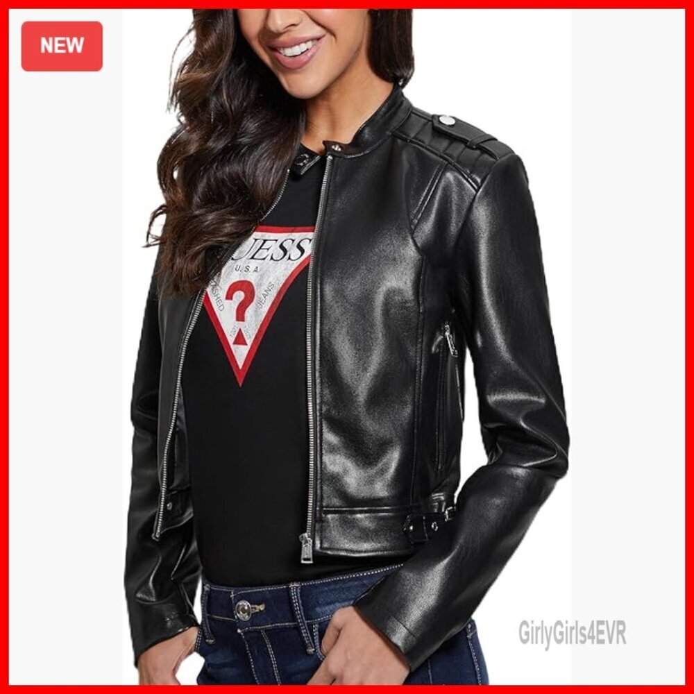 Faux Leather Moto Jacket with Snap Mandarin Collar Fitted Style
